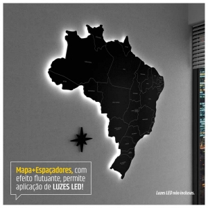 Mapa do Brasil MDF c/ Nome e Divisão Estados + Espaçadores (Efeito Flutuante) + 150 Pins Adesivos + Molde Instalação (85x85/110x110cm)
