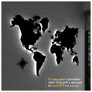 #Mapa-Múndi MDF Ultra Geométrico c/ Divisão Fronteiras + Espaçadores (Efeito Flutuante) + 150 Pins Adesivos (140x84 / 170x102 / 200x114cm)
