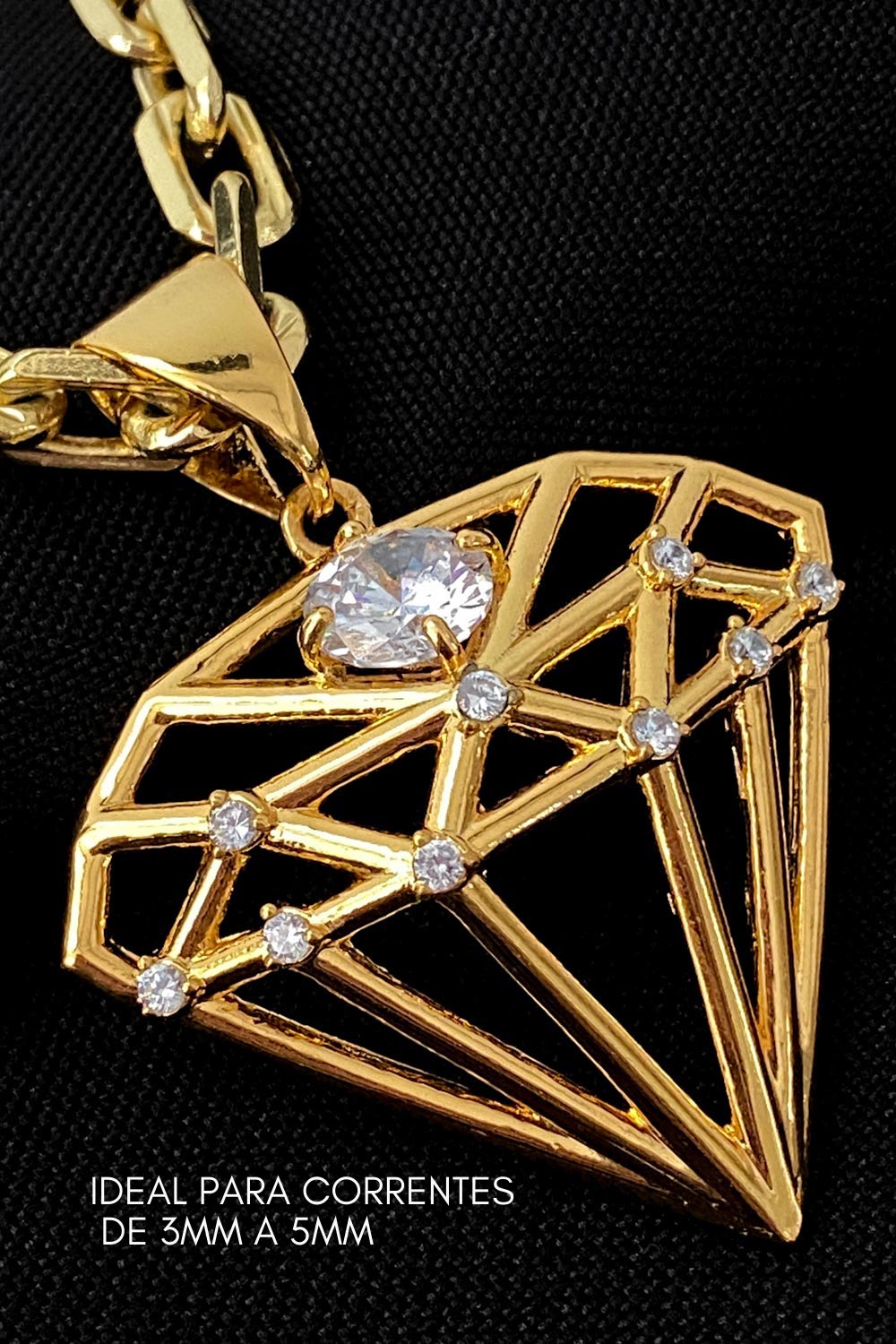 Pingente Diamante Vazado Cravejado-3,5x4cm-  Banhado A Ouro 18k