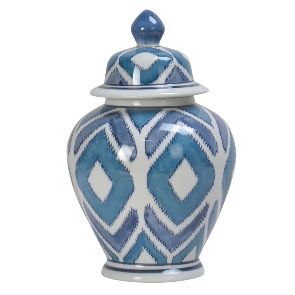 Potiche Decorativo de Porcelana Com Tampa - Geométrico Azul
