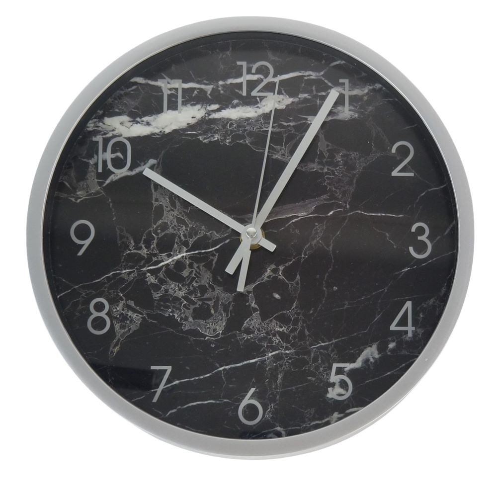 Relógio de Parede 24cm Prateado e Mármore Preto - De Cozinha