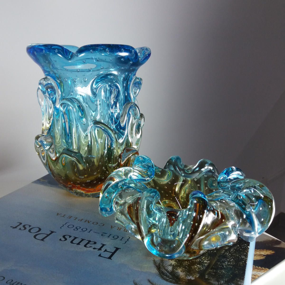 Vaso de Murano Com Aspente São Marcos - Cristal Azul com Âmbar 17cm
