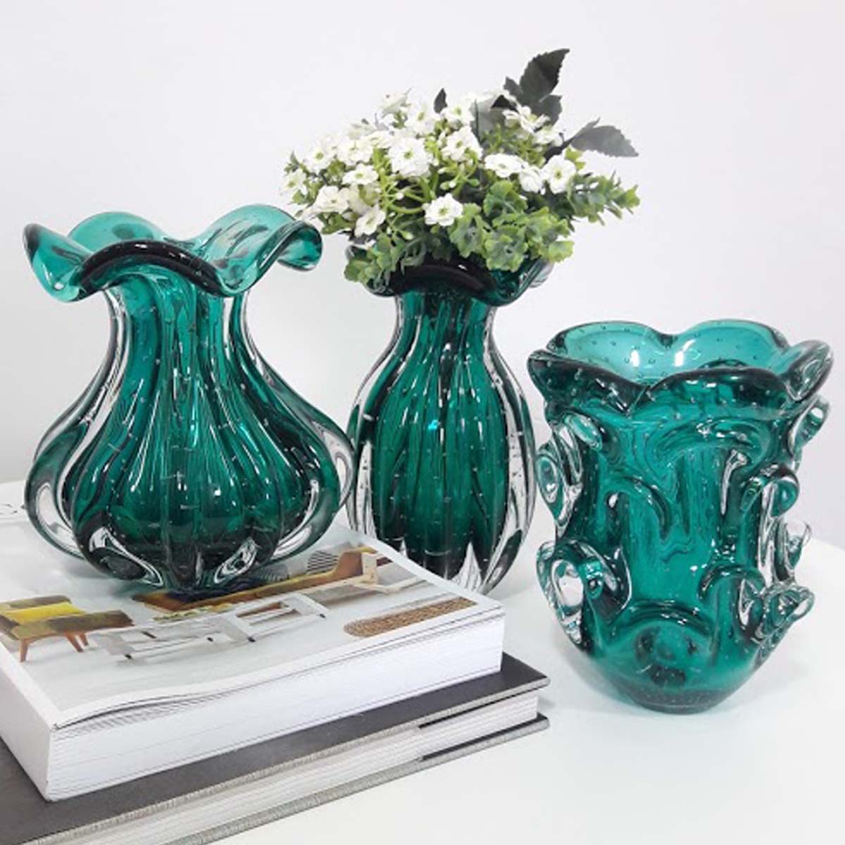 Vaso de Murano Com Aspente São Marcos - Cristal Verde Esmeralda 17cm