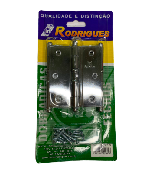Cartela de Dobradiças c/ 3 unidades - 3.1/2X3" - MD 5296 - Aço Cromado - Metalúrgica Rodrigues