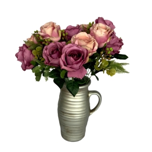 Flor Artificial Buquê De Rosas Grandes Com Flores E Folhagens 50Cm Pronta Entrega Lilás