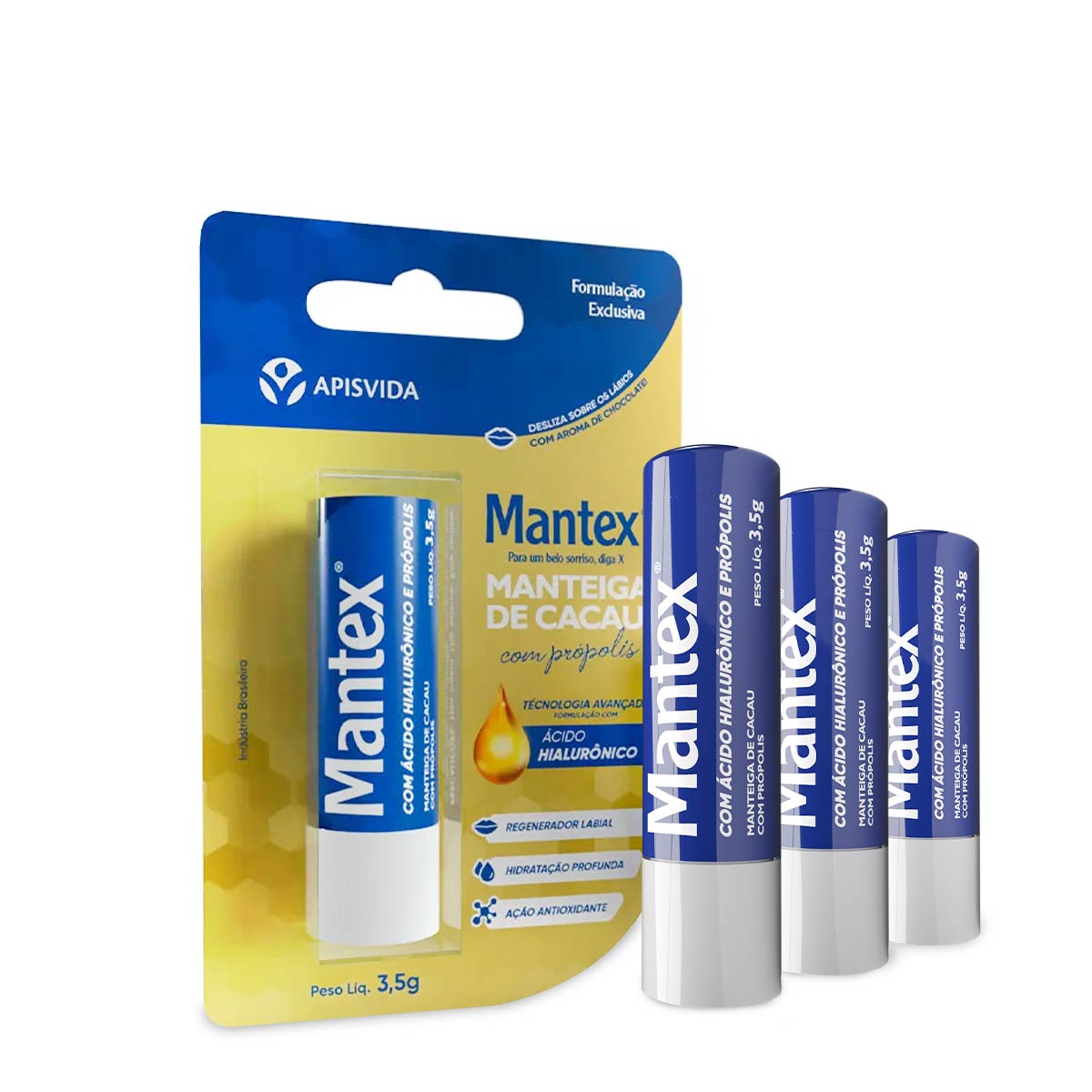 Mantex Manteiga de Cacau com Própolis e Ácido Hialurônico Hidratante Labial Apisvida 3,5g - Kit 3 unidades