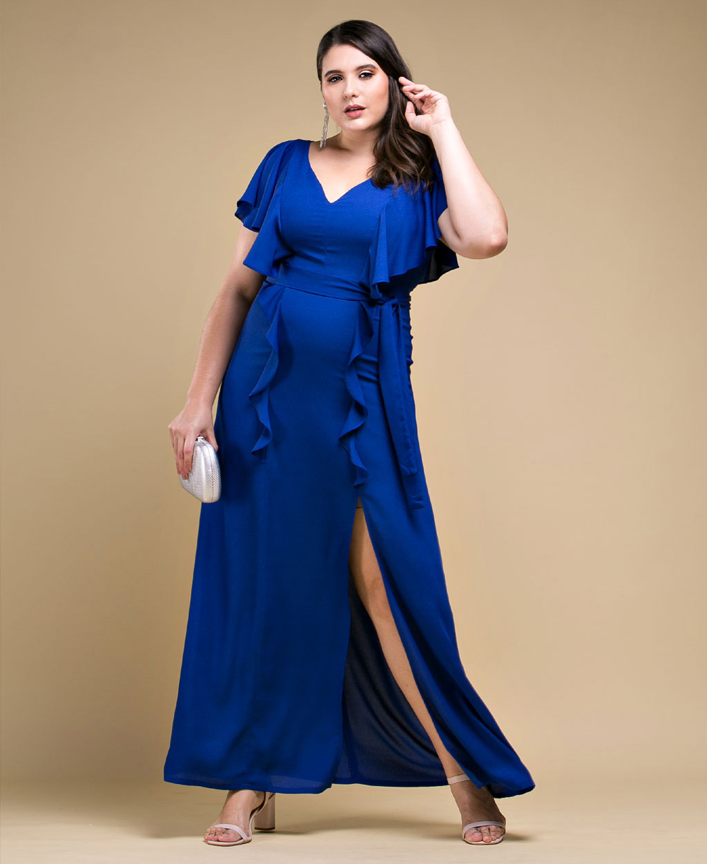 Vestido de festa  longo azul royal com babado - Ref. 2475