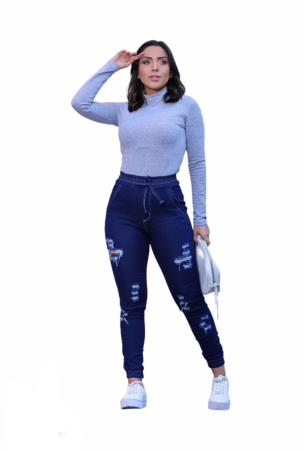 Calça Jeans Feminina Jogger Destroyed Cintura Alta Blogueira - ModaStore | Moda Feminina