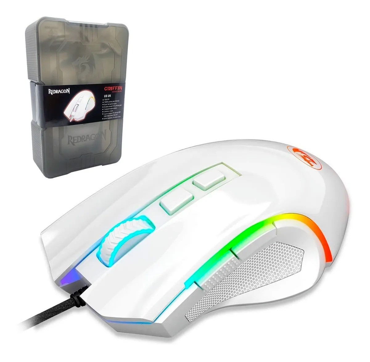 Mouse Gamer Redragon 7200DPI RGB Griffin Branco M607W