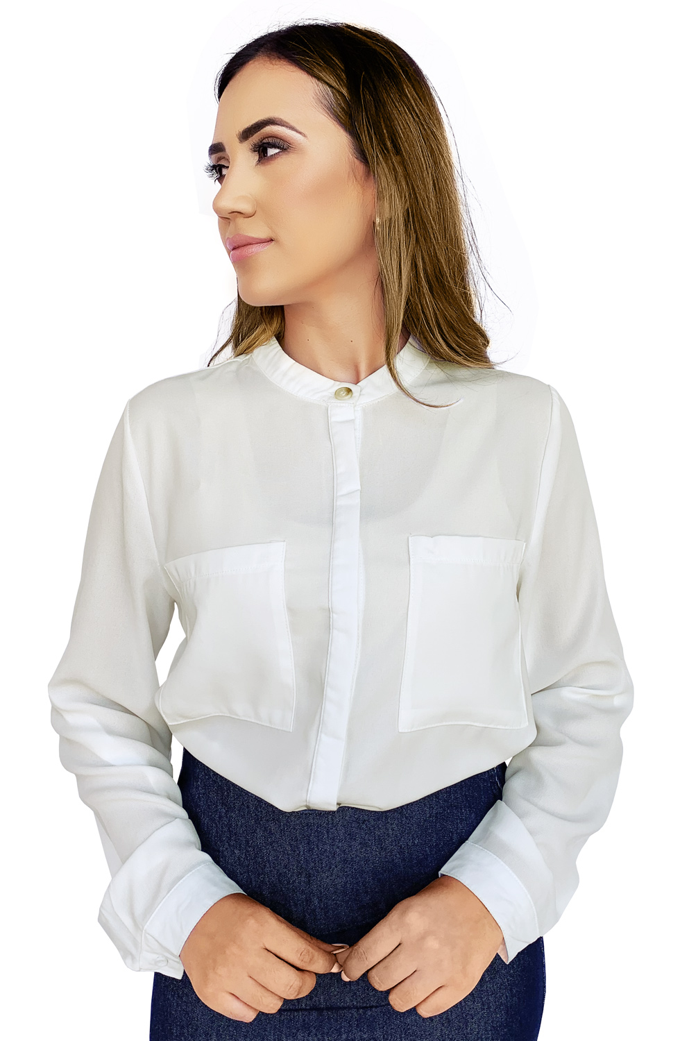 Camisa Feminina Branca Manga Longa com Regulador