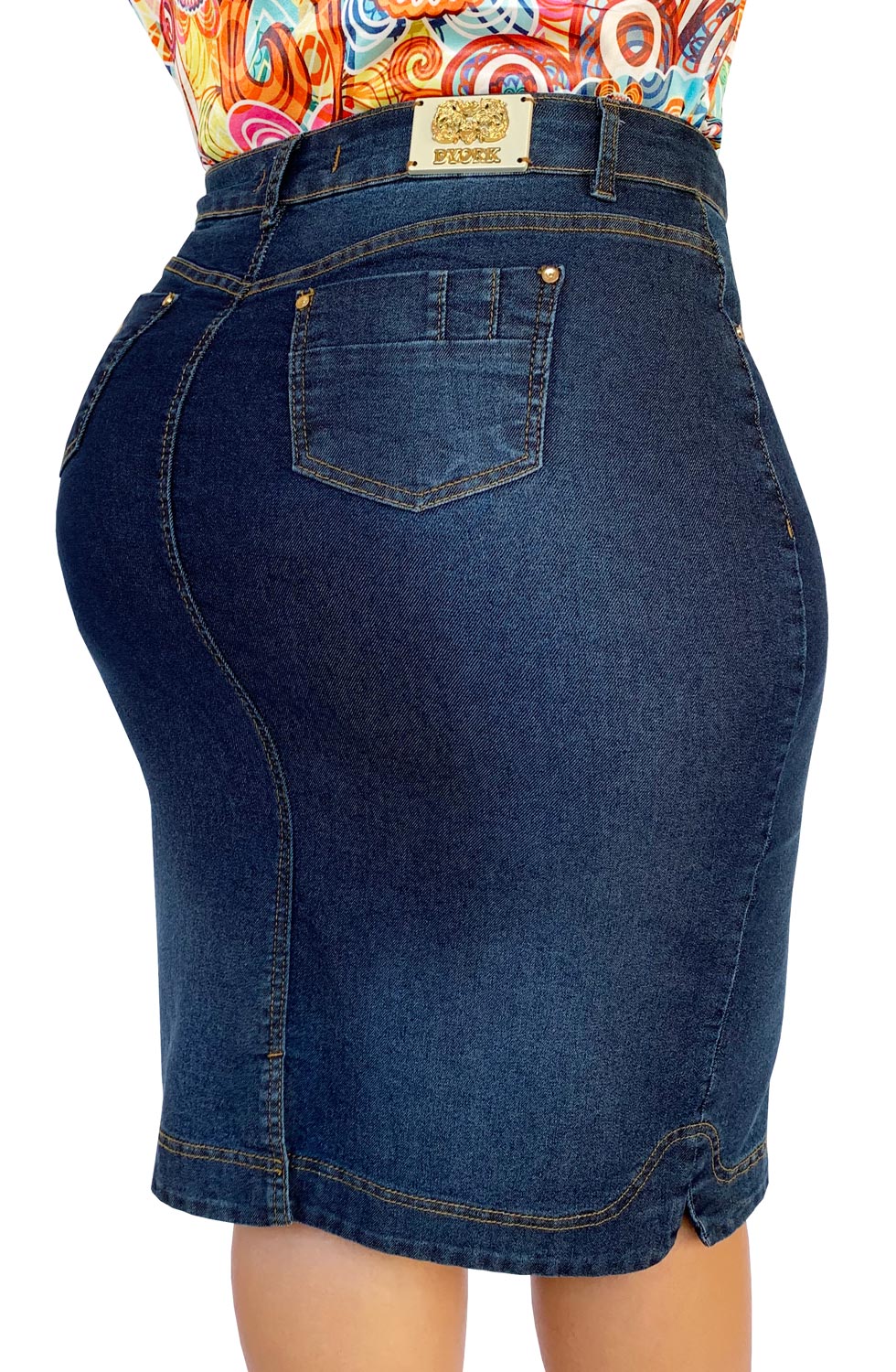 Saia Jeans Escuro Midi Plus Size Dyork Moda Evangélica