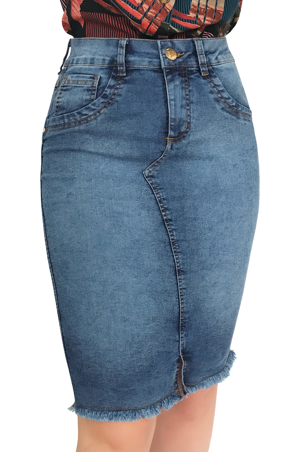 Saia Jeans Midi Barra Desfiada Abertura na Frente Dyork Moda Evangélica