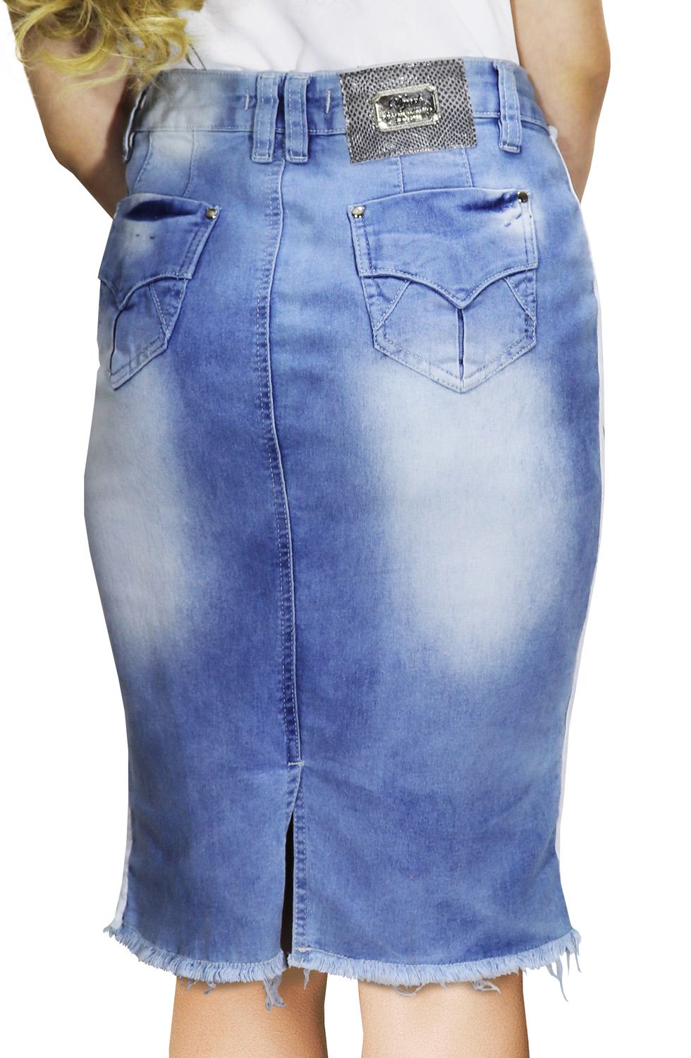 Saia Jeans Midi com Abertura na Frente e Barra Desfiada Dyork Jeans