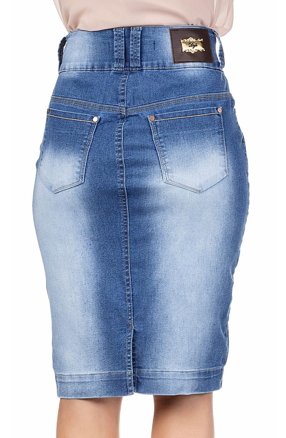 Saia Jeans Midi Com Linhas Claras Contrastantes Dyork Jeans