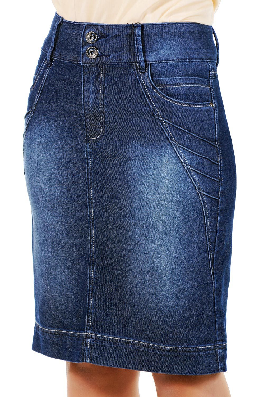 Saia Jeans Midi com Used e Recortes com Nervuras Dyork Jeans