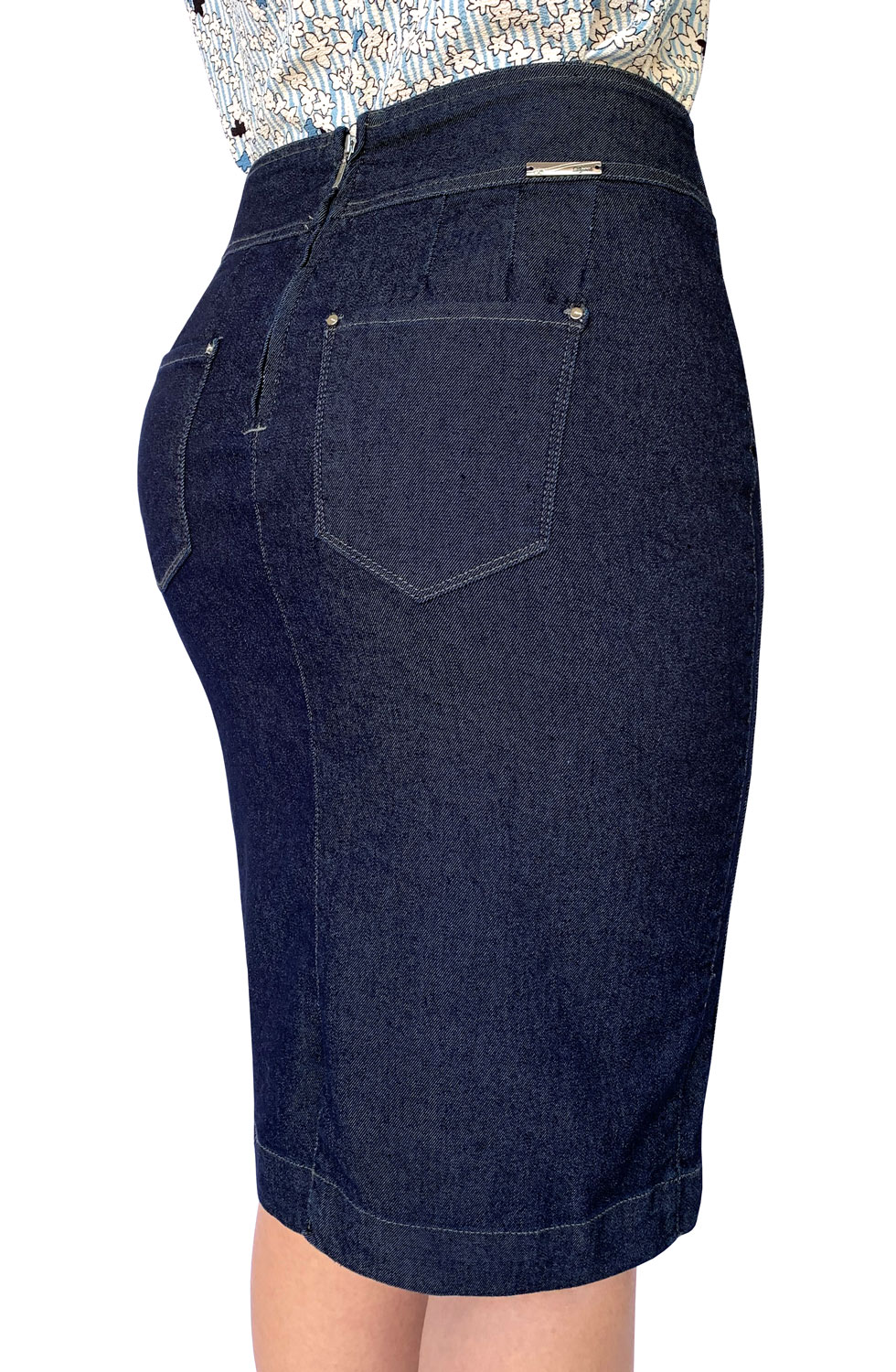 Saia Jeans Plus Size Midi Escura Dyork Moda Evangélica