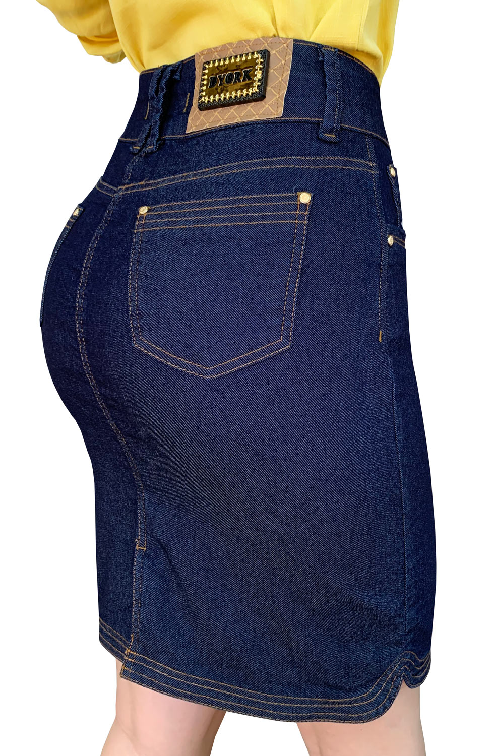 Saia Jeans Secretária Barra com Costuras Dyork Moda Evangélica