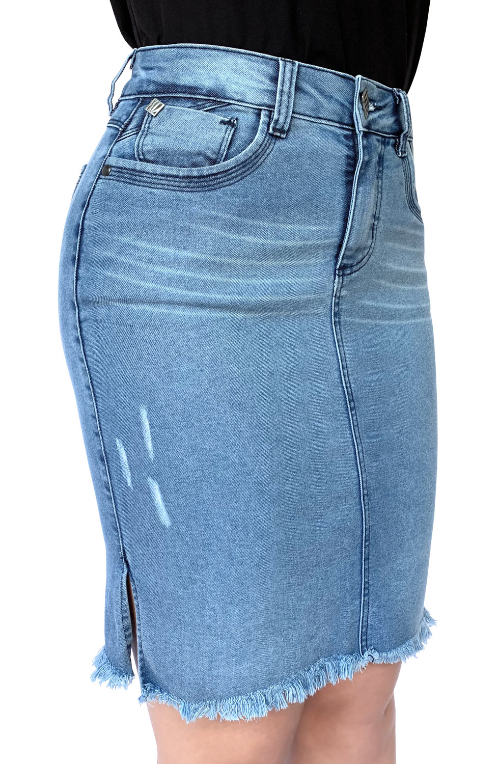 Saia Jeans Secretária Desfiada Puídos Bigode Abertura Laterais Dyork Moda Evangélica