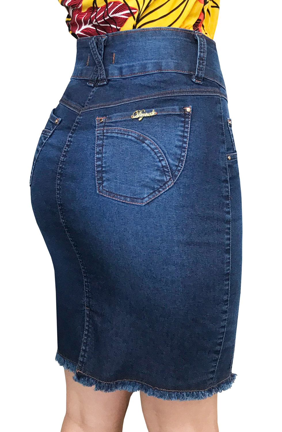 Saia Jeans Secretária Recortes Arredondados Barra Desfiada Dyork Moda Evangélica