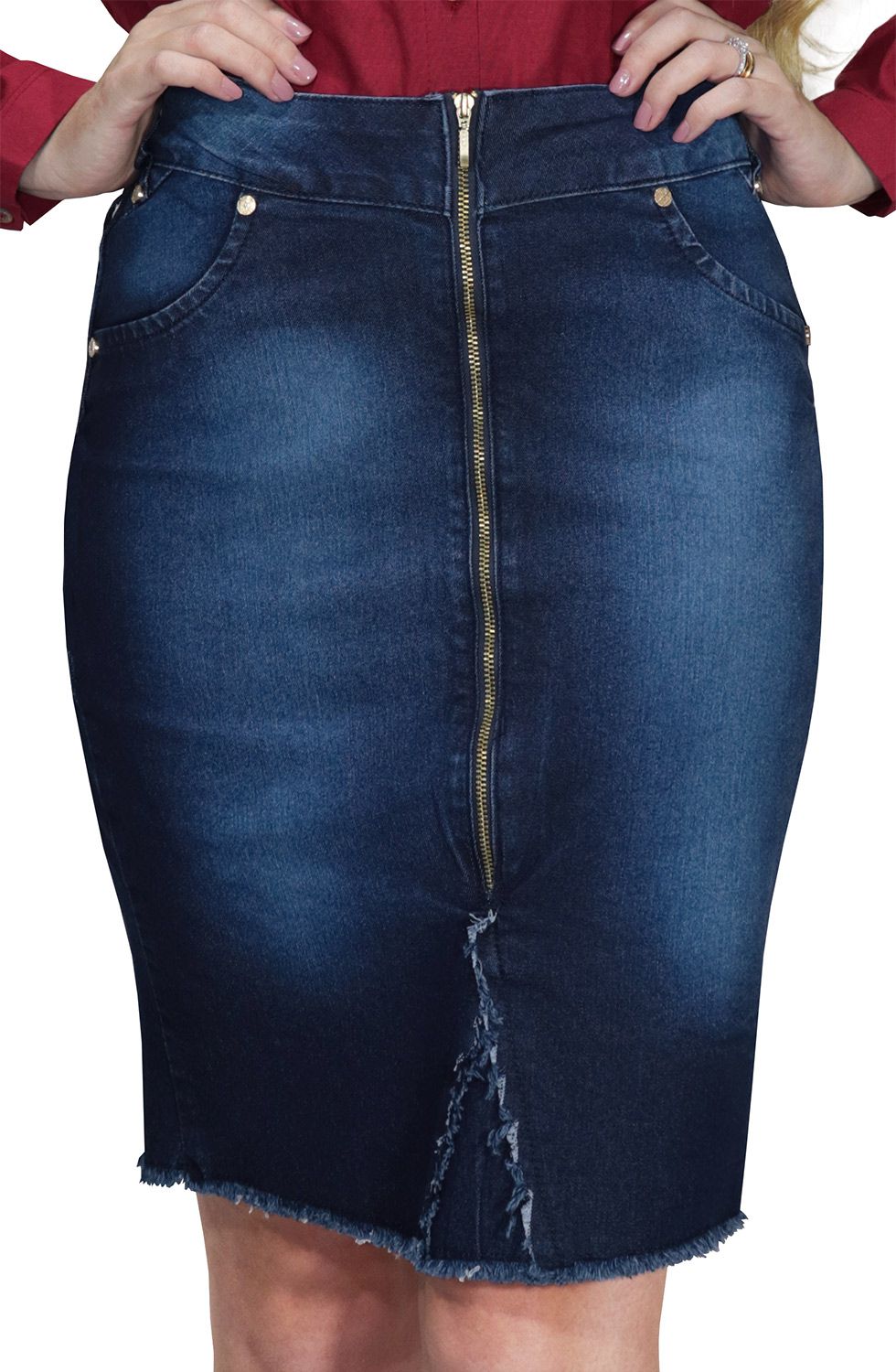 Saia Secretária Jeans Escura com Zíper Grande Aparente Barra Desfiada Dyork Jeans