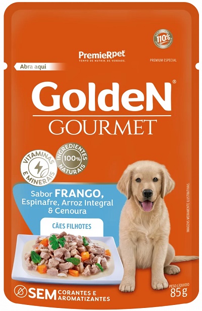 Golden Sache Gourmet Cães Filhotes Sabor Frango, Espinafre, Arroz Integral e Cenoura - 85 gr