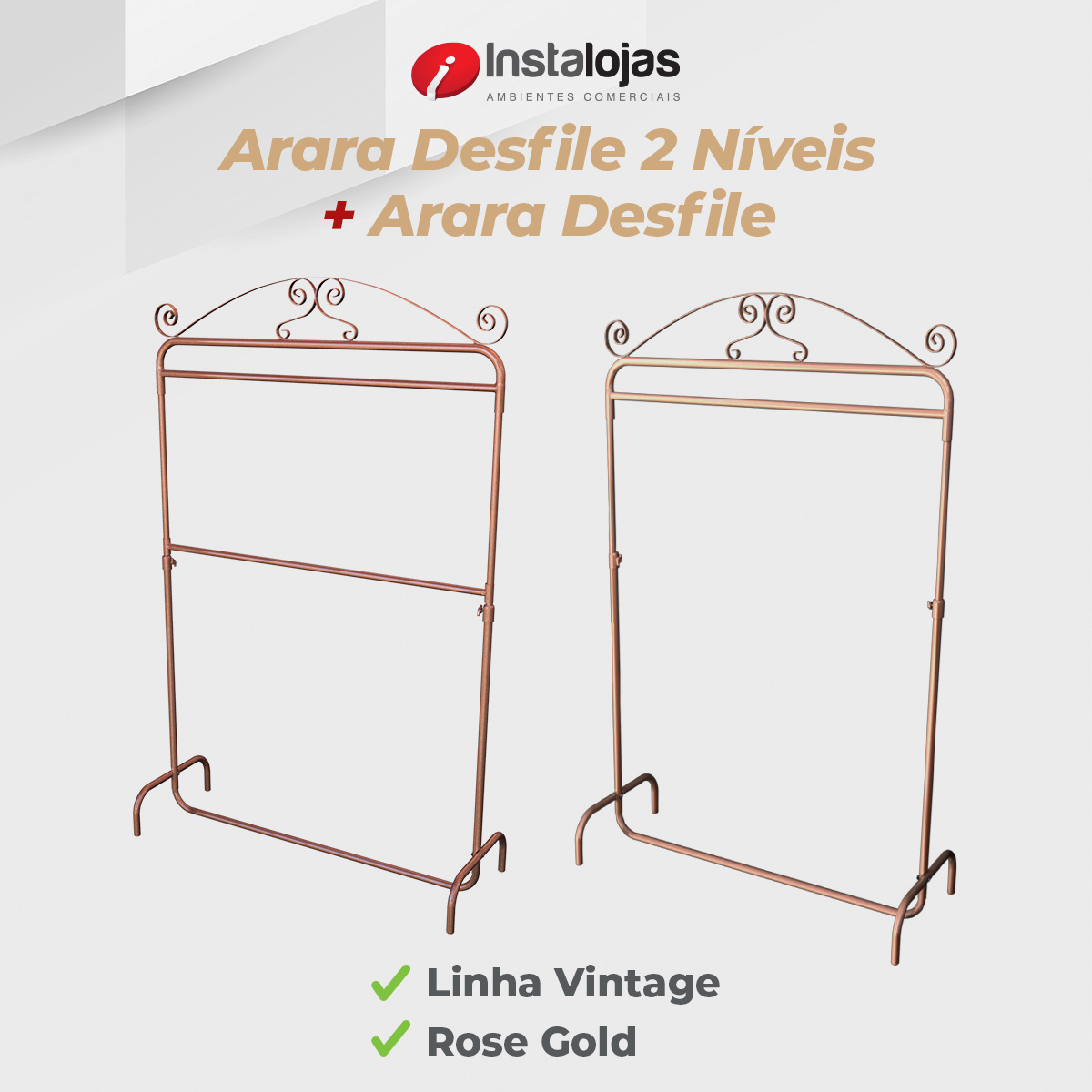 Kit Arara Desfile Vintage 1,00mt + Arara 2 Níveis Vintage 1,00mt Rosé Gold Regulável
