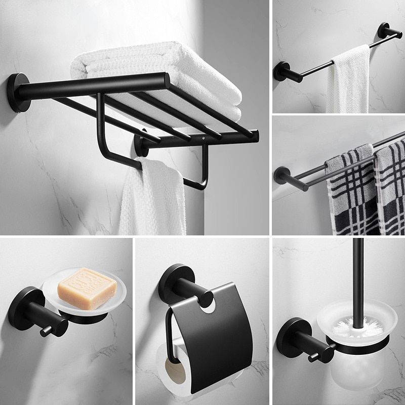 Acessórios em 304 aço inoxidável preto banheiro pingente kit banheiro banheiro buraco-livre toalheiro rack de ferragem pingente