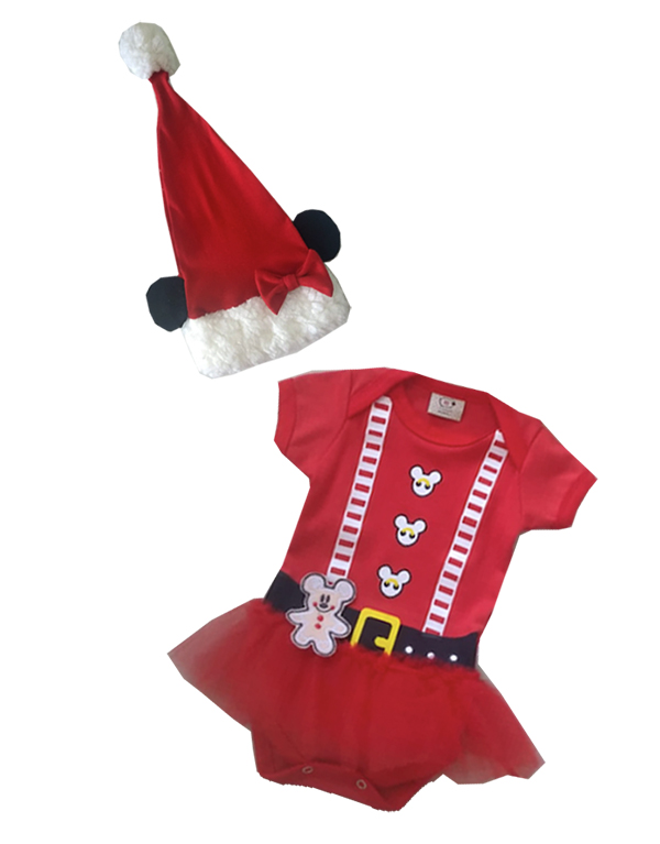 Body de bebe vestido de Natal minnie Noel com aplique saia e tule e touca especial