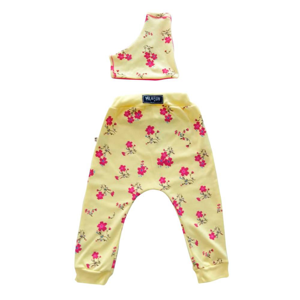 Calça de Bebê Menina Moletom Saruel Floral amarela e Bandana Floral
