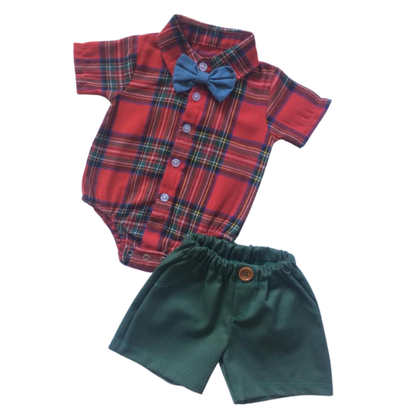Camisa bebe menino Xadrez Flanelado Vermelho com gravatinha manga curta