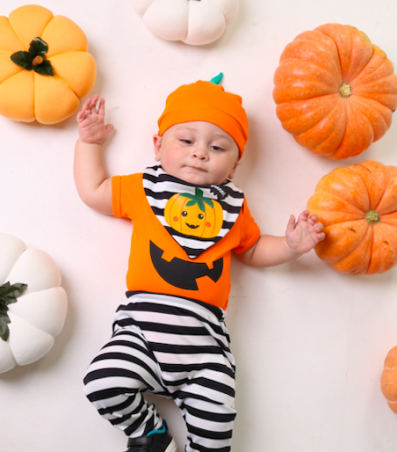 Conjunto de bebê com Body calça e bandana Abobora Halloween Milkfun
