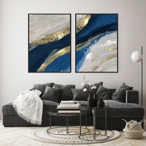 Composição com 2 Quadros Abstrato Azul e Dourado