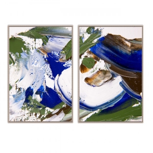 Composição com 2 Quadros Abstrato em Tons de Verde e Azul