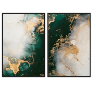 Composição com 2 Quadros Abstrato Marmorizado Verde e Dourado