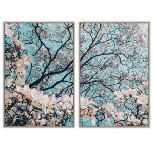 Composição com 2 Quadros com Flor de Cerejeira Branca e Fundo Azul