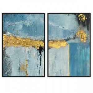 Composição com 2 Quadros com Pintura Azul e Detalhe Dourado