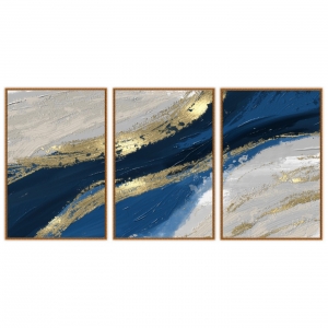 Composição com 3 Quadros Abstrato Azul com Detalhe em Dourado