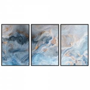 Composição com 3 Quadros Abstrato Marmorizado em Tons de Azul