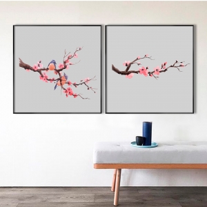 Conjunto com 2 Quadros com Pintura de Flor de Cerejeira e Pássaros