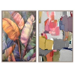 Conjunto com 2 Quadros Decorativos Abstrato e Desenho De Folhas Coloridos