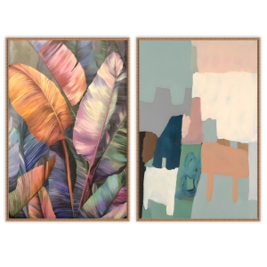 Conjunto com 2 Quadros Decorativos Abstrato e Desenho De Folhas Coloridos