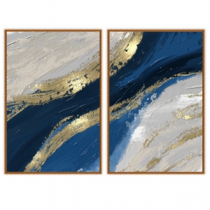 Conjunto com Quadro 2 Decorativo Abstrato Marmorizado Azul, Dourado e Branco