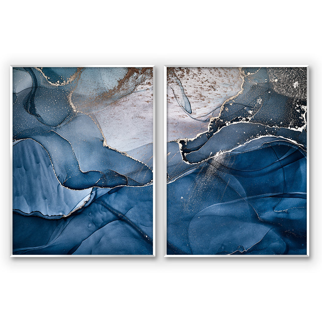Composição com 2 Quadros Decorativos Abstrato Marmorizado Azul