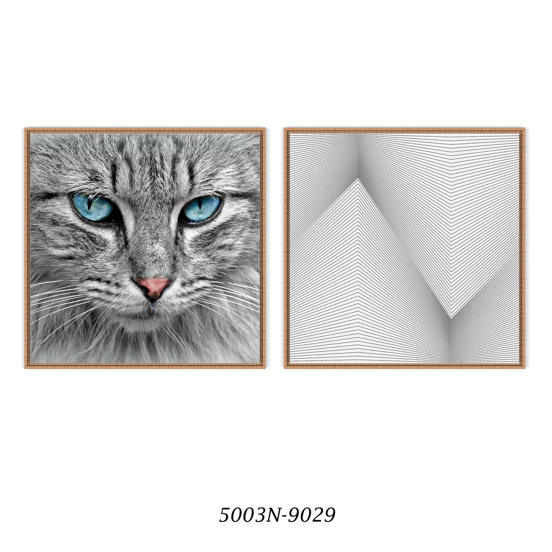 Conjunto com 2 Quadros Decorativos Gato de Olhos Azuis e Geométrico Preto e Branco