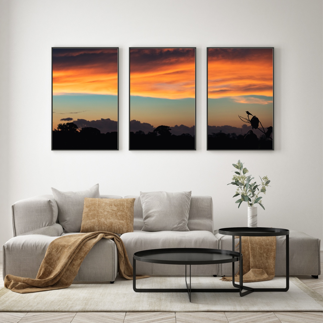 Composição com 3 Quadros Decorativos com Fotografia de Pôr do Sol na Floresta