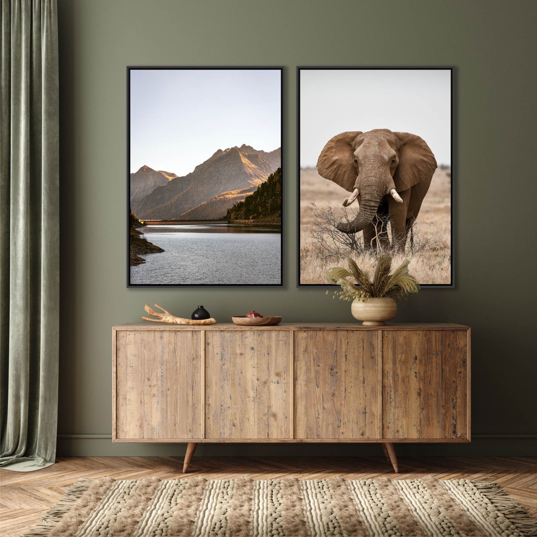 Conjunto com 2 Quadros Decorativos de Lago e Elefante