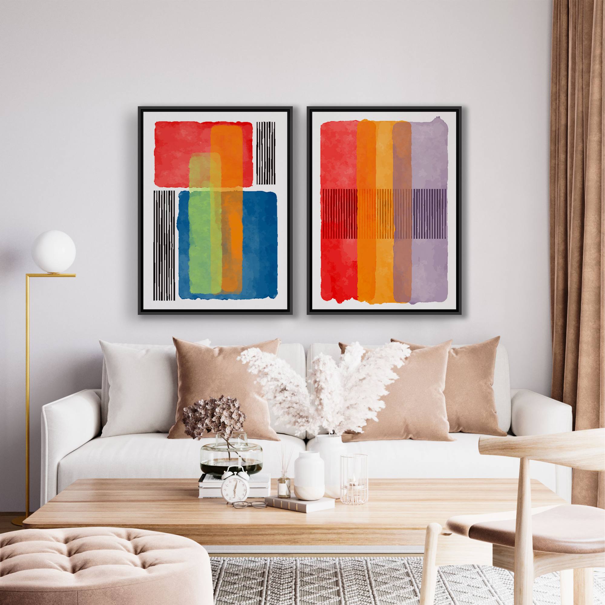 Conjunto com 2 Quadros Decorativos Geométricos Abstrato Coloridos