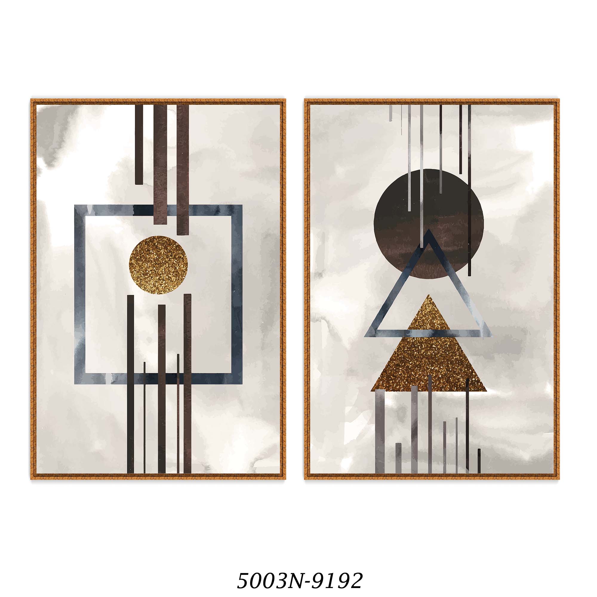 Conjunto com 2 Quadros Decorativos Geométricos em Tons de Marrom e Dourado