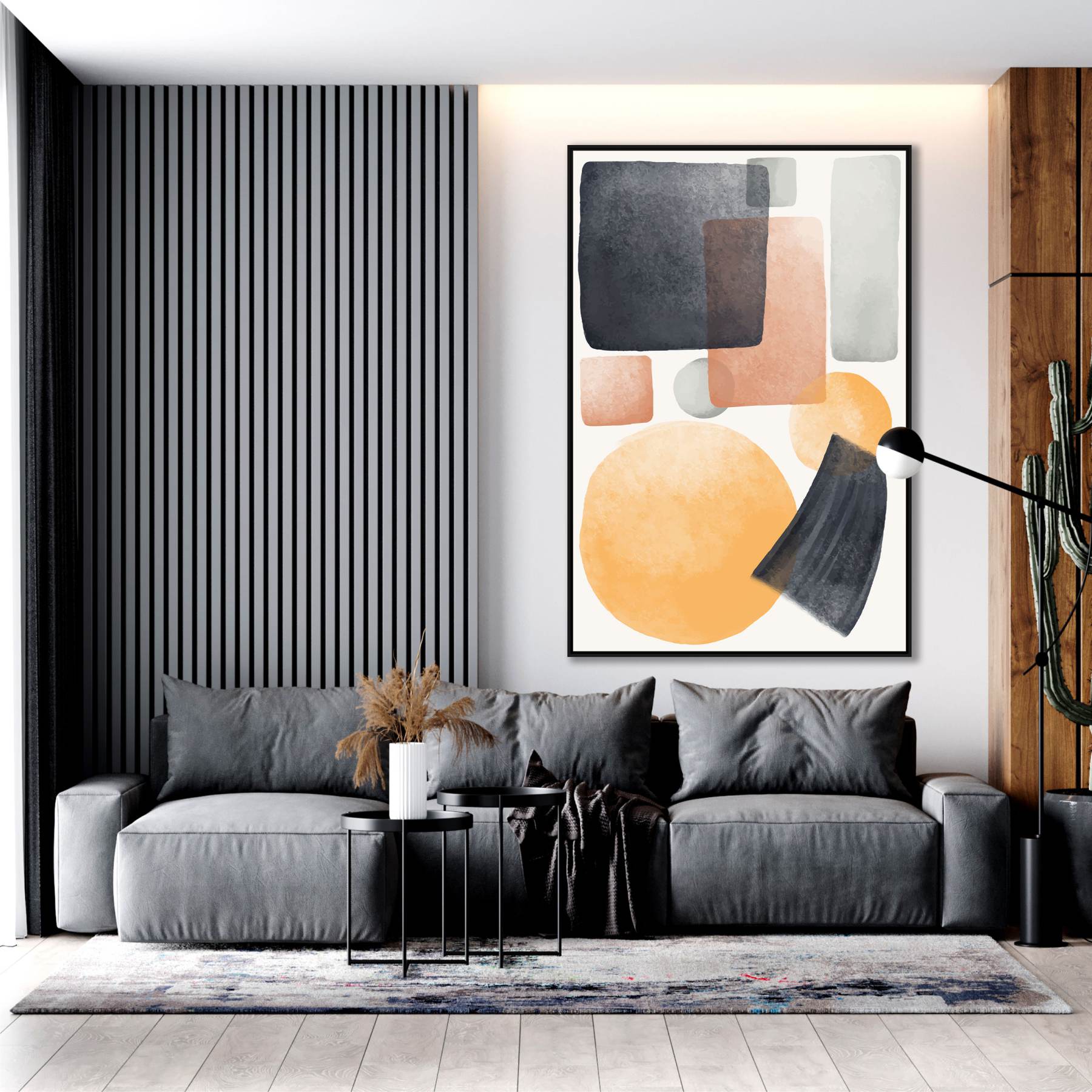 Quadro Decorativo Abstrato Geométrico em Tons de Preto Laranja e Cinza