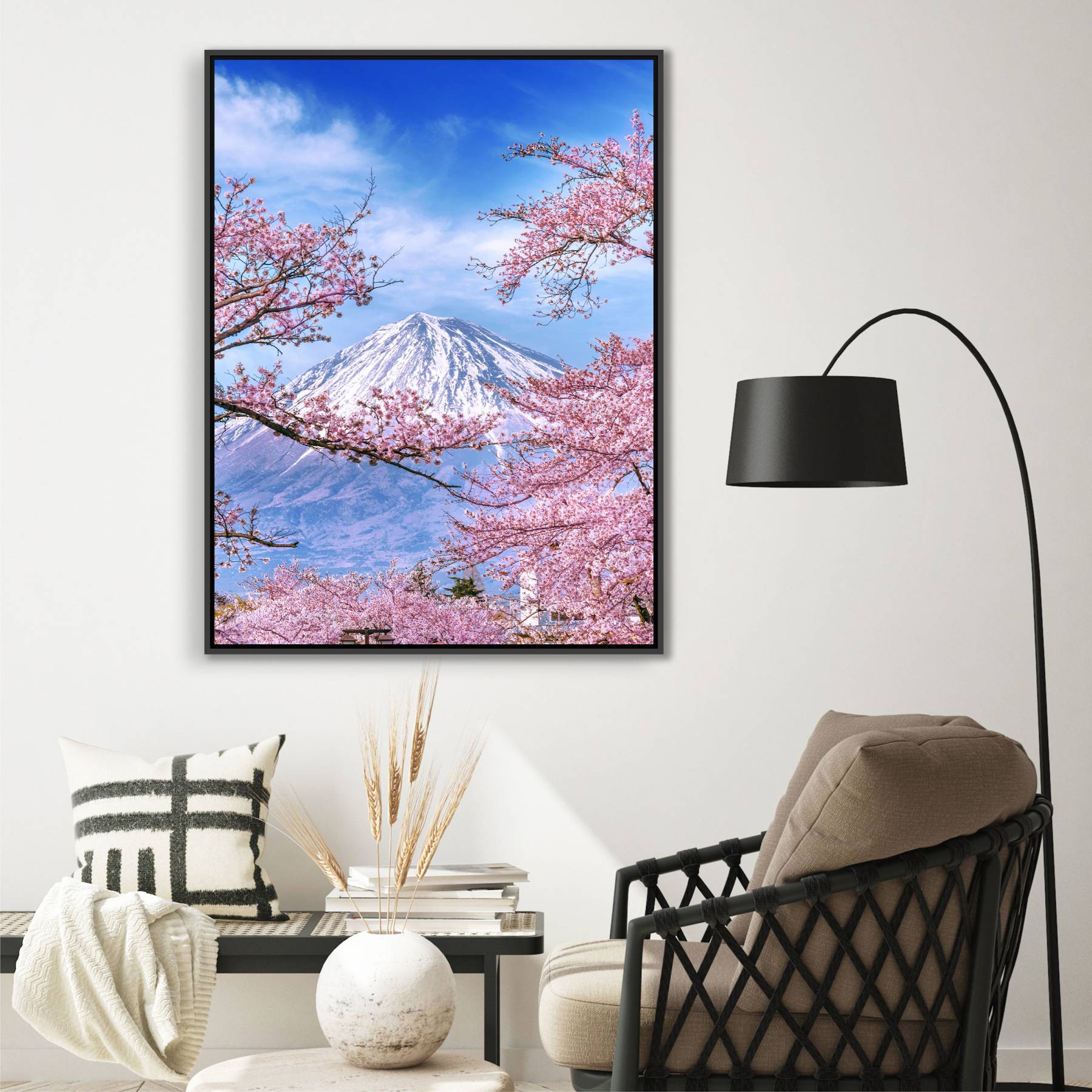 Quadro Decorativo Flor de Cerejeira e Monte Fuji no Japão